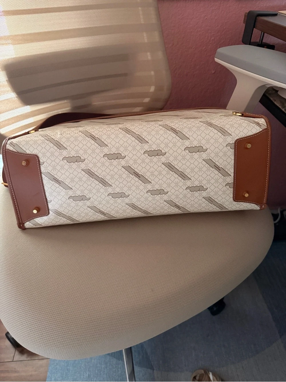 Songmont Shan Briefcase (Large) in Cream and Brown Patterned with Gold Accents